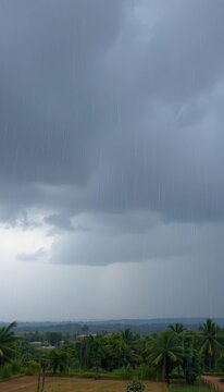 Dark clouds swirl overhead as heavy rain pounds against the landscape, foreboding atmosphere, heavy rain