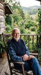 Fototapeta premium Elderly man with beard sitting in rocking chair on a porch