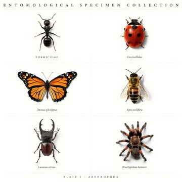 Vintage Entomological Specimen Collection Poster Featuring Ant, Ladybug, Butterfly, Honeybee, Beetle, and Tarantula