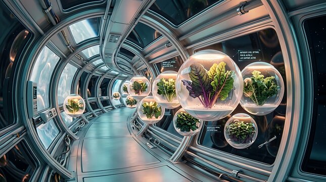Empty futuristic space station corridor with floating hydroponic plant pods and planetary view