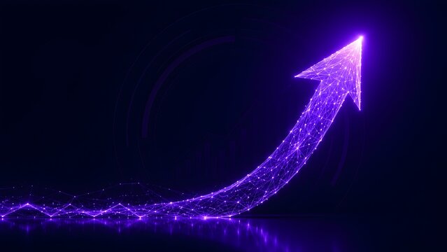 Spectacular glowing purple upward network arrow on dark digital background representing tech boom economic recovery and data growth