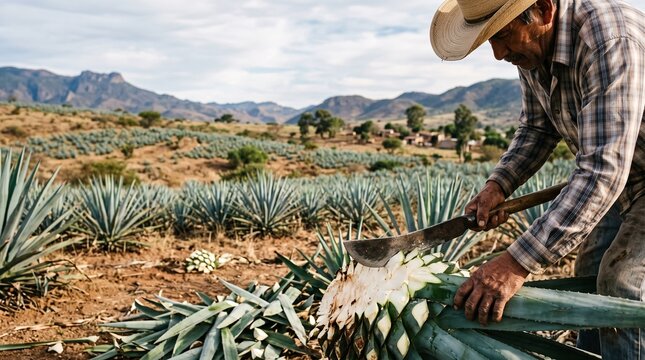 Farmer harvesting agave plant with machete in a field