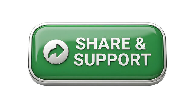 Green rectangular button with a silver frame, featuring a white share arrow icon and the text SHARE SUPPORT in bold white letters on a glossy surface featuring digital, click, graphic and web