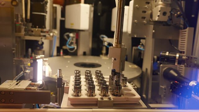 Compact robotic gripper sorting precision metal components on moving factory line.