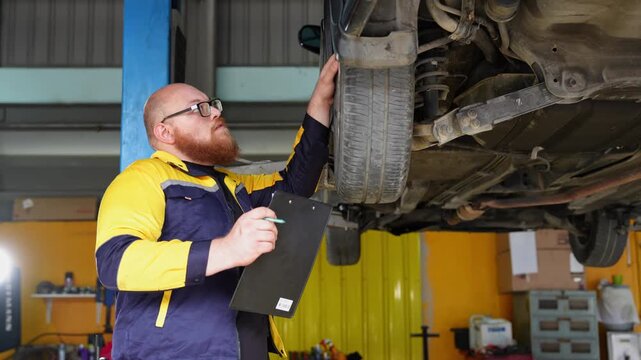 Automotive technician examining the undercarriage and tires of a car in a workshop environment