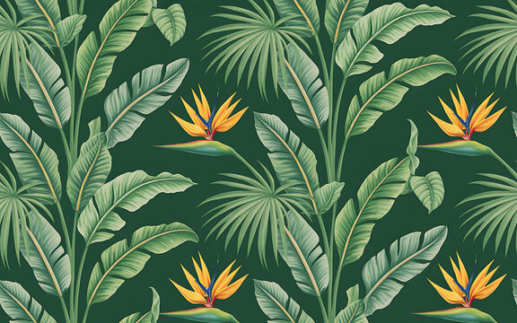 Seamless pixel art pattern with tropical bird of paradise flowers and green palm leaves on a dark background for retro gaming design and nostalgic digital textile wallpaper print art