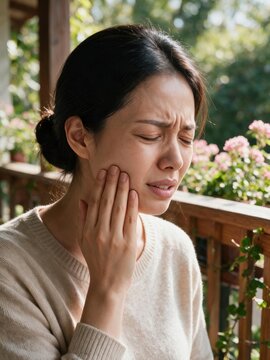 Woman with toothache touching cheek on balcony, dental pain close up