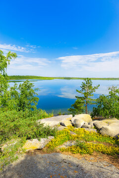 Tranquil nature scene with shore calm lake and yellow wild flower Potentilla growing in  crevices of  gray rock with orange lichen. Harmony and relaxation concept. Lake Big Chebachye in Kazakhstan.