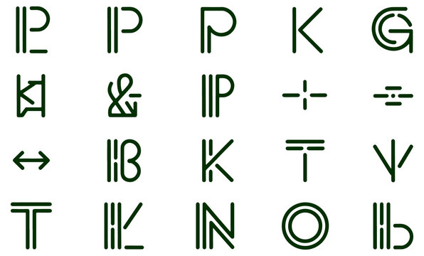 Set of minimalist geometric line art symbols and abstract letterforms for modern branding and graphic design projects