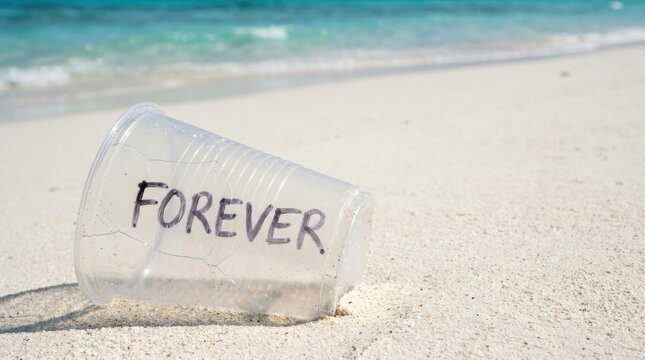 Ocean Plastics Pollution concepts. Clear plastic cup lying on white sandy beach near blue ocean water with word forever written in black marker