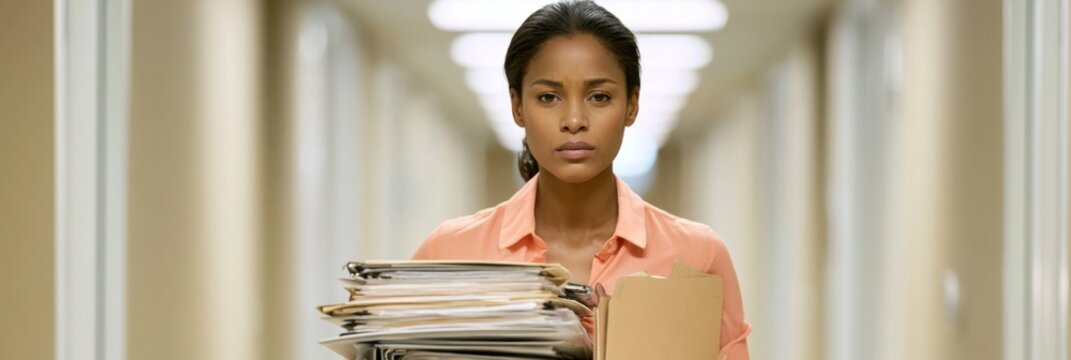 Woman in an orange blouse walking down a hallway carrying a heavy stack of documents and folders