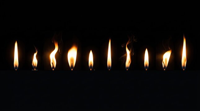 A collection of ten individual candle flames isolated on a deep black background for design and compositing purposes