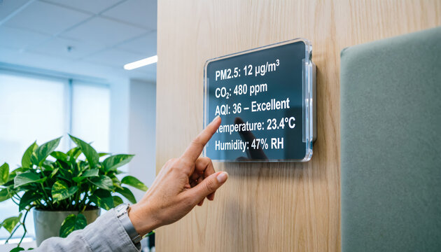 Eco-friendly workplace, A woman's hand using a bright air quality data on a clear, wall-mounted display.