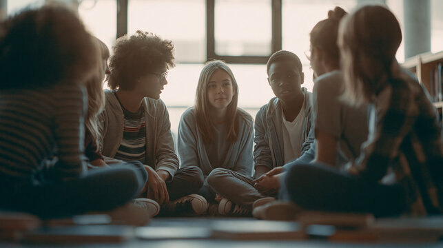 Diverse group of teenagers having a quiet conversation in a library