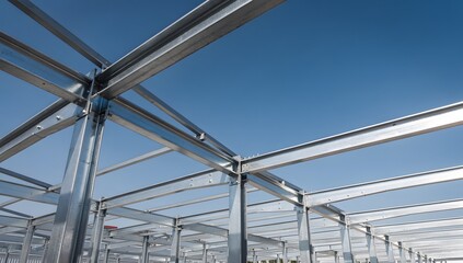 Naklejka premium Structural steel beams framework of a modern commercial building under clear blue sky construction site with construction framework structural building