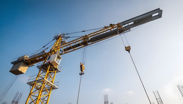 Tall yellow tower crane boom lifting heavy loads at active construction site against clear sky with construction industry equipment machinery architecture
