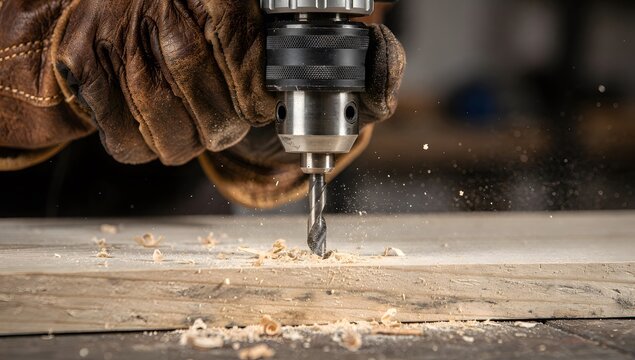 Professional woodworker hand drilling hole in timber board wearing protective leather glove with woodworking carpenter workshop construction carpentry