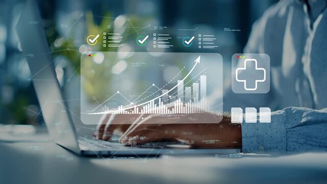 Healthcare investment strategy supported by medical sector growth analytics, performance dashboards and medical professional in modern clinic assessing healthcare market opportunities