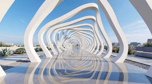 Symmetrical view of a modern outdoor corridor framed by white organic arches reflecting on a wet surface.