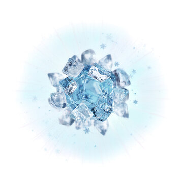 Exploding ice cube sphere with glowing light rays and sparkles isolated on transparent background
