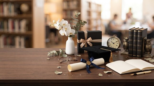 A beautiful desk setup with books and stationery celebrating teacher's day in a cozy library or study room environment