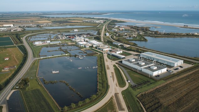 Aerial view of industrial aquaculture fish farm facility near coast