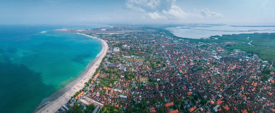 Aerial view of Jimbaran Beach coastline in Bali, Indonesia