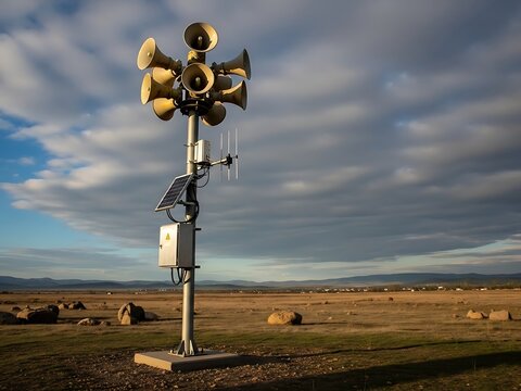 Surveillance camera mounted on tall pole in open field