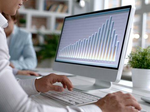 Business analyst examining performance metrics on a desktop monitor displaying bar graphs in a bright Scandinavian office with a clean workspace and natural elements