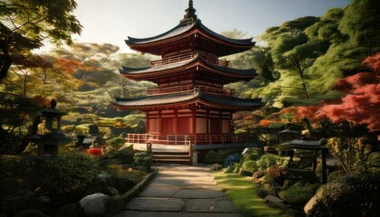 Obraz premium Traditional Japanese Pagoda Garden Landscape Architecture.