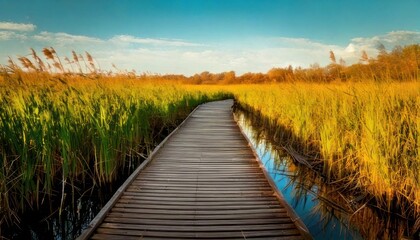 Obraz premium Serene wooden boardwalk through wetland landscape.
