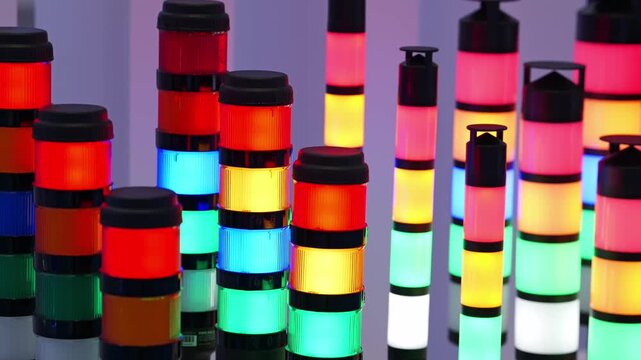 Multilayer industrial signal lights captured mid-flash with light trails.