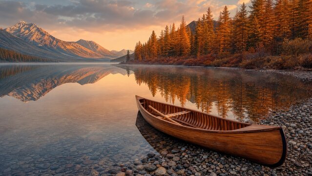 Wooden canoe resting on a pebble shore beside a mirror-calm alpine lake at golden hour, autumn trees and mountain peaks reflected in the glassy water
