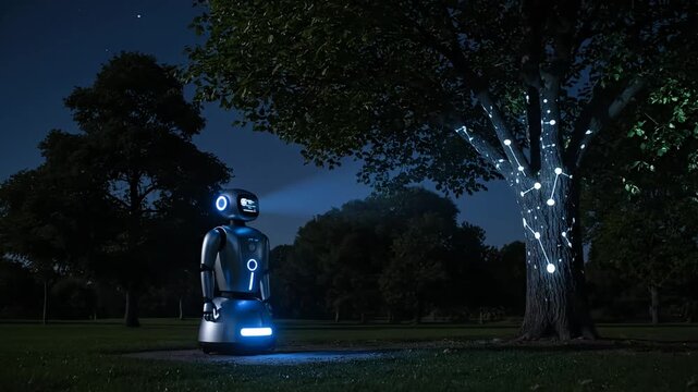 Small robot standing in dark park under night sky.