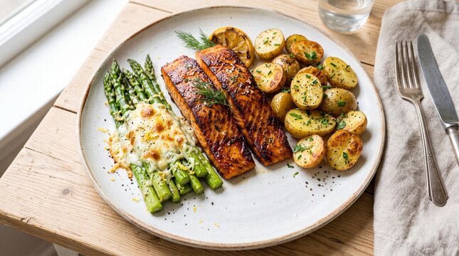 Grilled salmon fillets with roasted potatoes. Healthy dinner plate with asparagus and herbs.