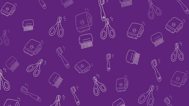 Pet grooming tools doodle pattern with nail clipper, comb, toothbrush and wipes, paw print icons. Seamless loop, white line art on purple.