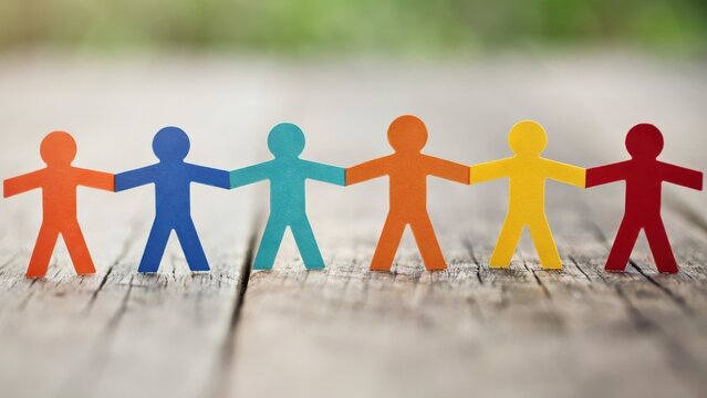 Colorful paper cutout figure holding hand on wooden surface representing unity and diversity