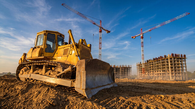 Yellow bulldozer at an active construction site with tower cranes and a concrete building under sky