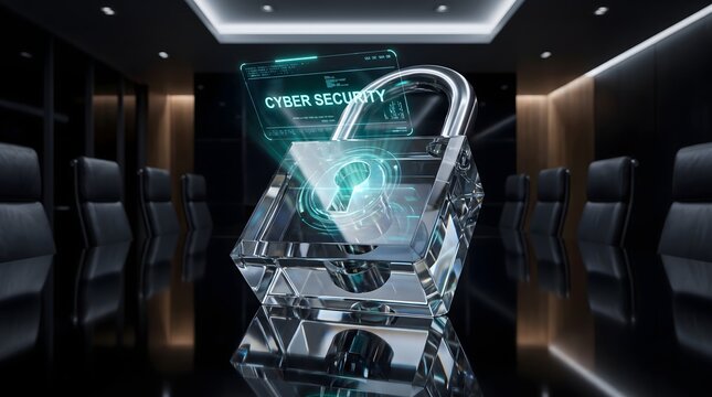 Futuristic digital padlock icon glowing in a dark modern server room representing cybersecurity data protection and information privacy technology concept