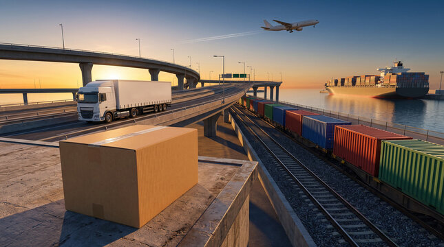 Multi-modal logistics hub featuring truck, container train, cargo ship, and airplane at sunset