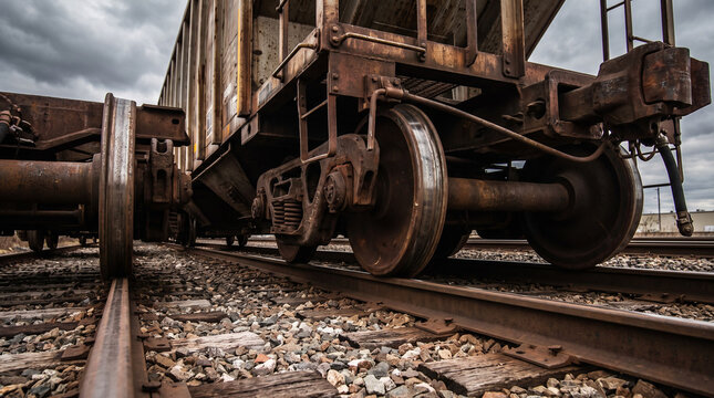 Rusty freight train wheels on railroad track under a dramatic cloudy sky, low-angle industrial view