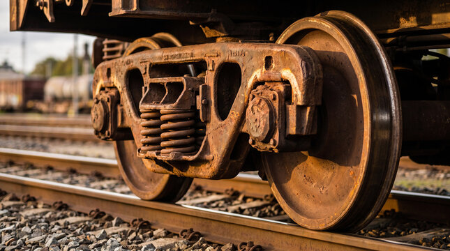Macro view of rusty train bogie springs and wheels glowing with warm sunlight on the railway track