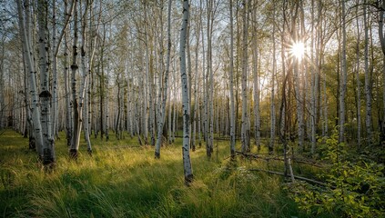 Obraz premium Birch forest with white tree trunks and green grass at sunset