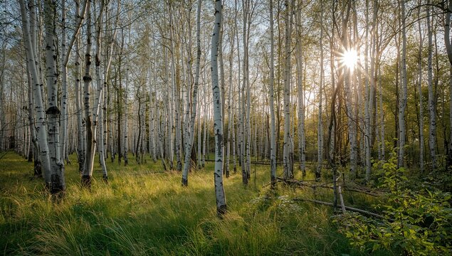 Birch forest with white tree trunks and green grass at sunset