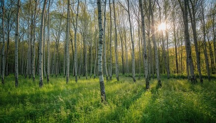 Fototapeta premium Birch forest under blue sky with lush green undergrowth