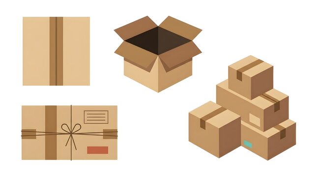 Koleksi ilustrasi kotak kardus dalam berbagai bentuk seperti kotak tertutup, terbuka, paket, dan tumpukan box. Cocok untuk tema pengemasan, logistik, e-commerce, pengiriman barang, gudang, dan perguda