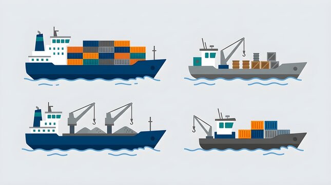 Kumpulan ikon kapal kargo dengan berbagai jenis kapal pengangkut peti kemas dan kapal barang. Sangat cocok untuk tema transportasi laut, ekspor-impor, logistik internasional, pelabuhan, dan bisnis pen