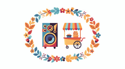 Fototapeta premium Outdoor event setup: speaker and food cart, colorful floral frame