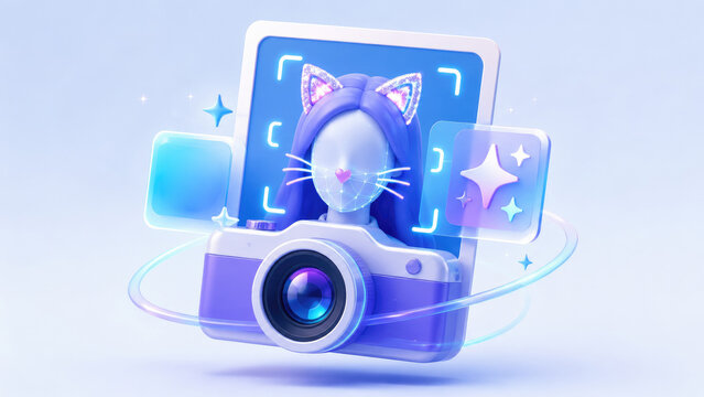 Pastel 3D camera and smartphone AR face filter with cat ears, whiskers, heart nose and sparkles
