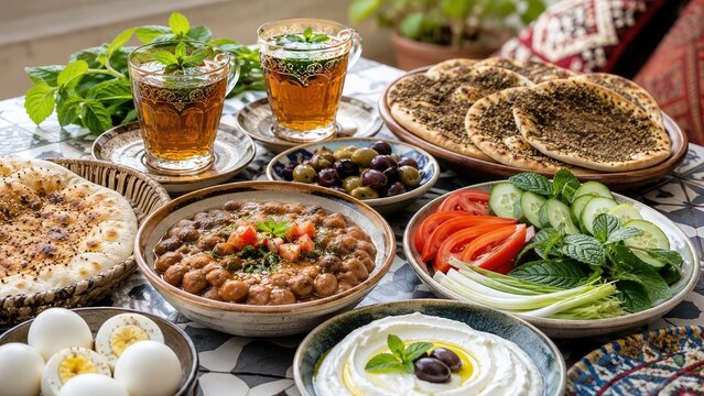 Colorful Middle Eastern breakfast spread with hummus, labneh, chickpea stew, za'atar flatbreads, olives, fresh vegetables, boiled eggs and mint tea on patterned table